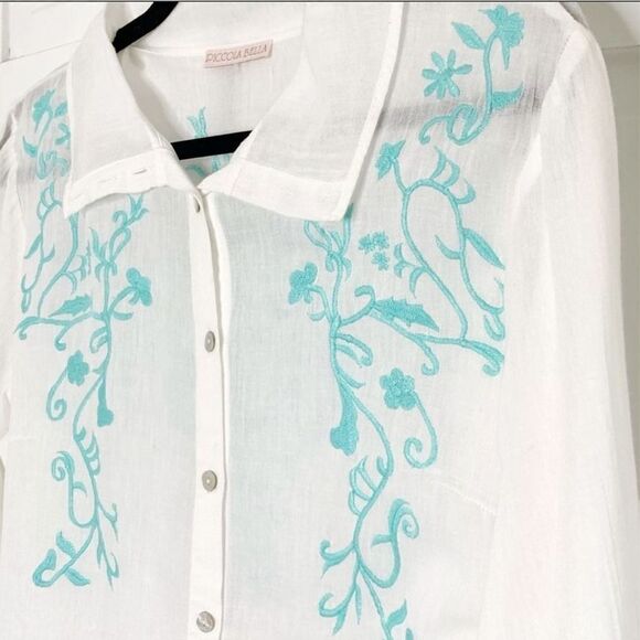 Piccola Bella Linen Button Front Blue Embroidery Shirt Cover-Up Women’s Size - M - Picture 3 of 9